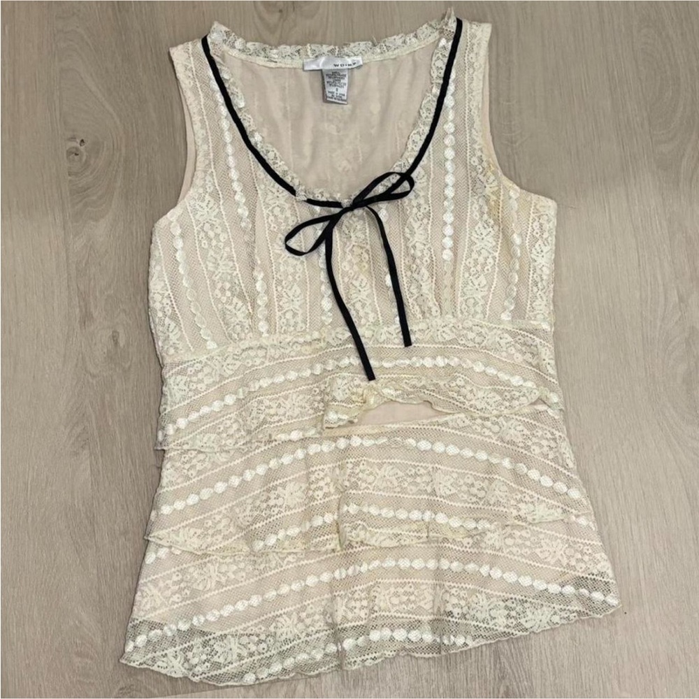 WD.NY Cream Lace Blouse with Black Trim